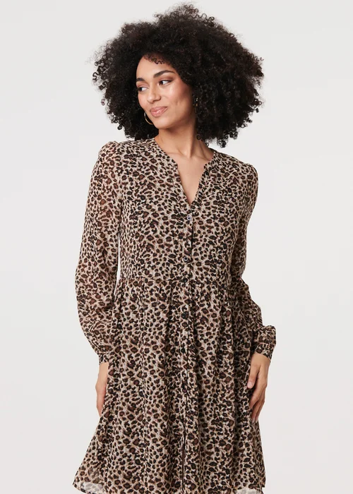Izabel London Beige Animal Print Long Sleeve Midi Dress - 10 Image 4