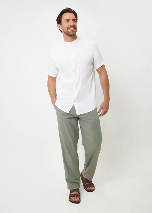 Threadbare White Grandad Collar Linen Blend Short Sleeve Shirt - M Image 3
