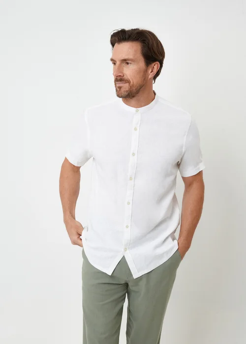 Threadbare White Grandad Collar Linen Blend Short Sleeve Shirt - M Image 1