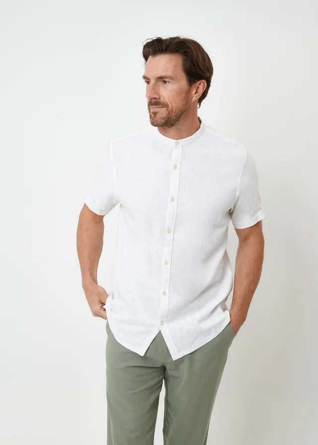 Threadbare White Grandad Collar Linen Blend Short Sleeve Shirt