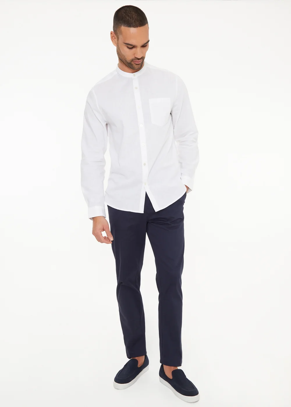 Threadbare White Linen Blend Long Sleeve Grandad Collar Shirt - XL Image 3