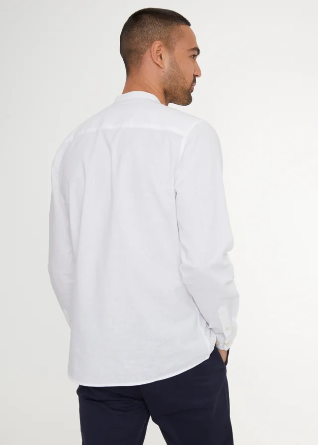 Threadbare White Linen Blend Long Sleeve Grandad Collar Shirt