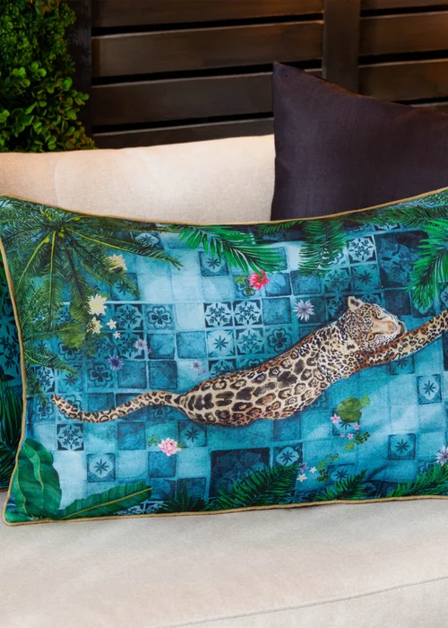 Paoletti Dark Blue Majorelle Leopard Outdoor Piped Outdoor Cushion - One Size Image 1