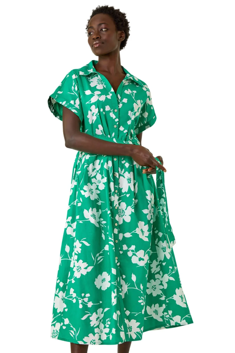 Roman Green Floral Cotton Poplin Shirt Dress - 16 Image 1
