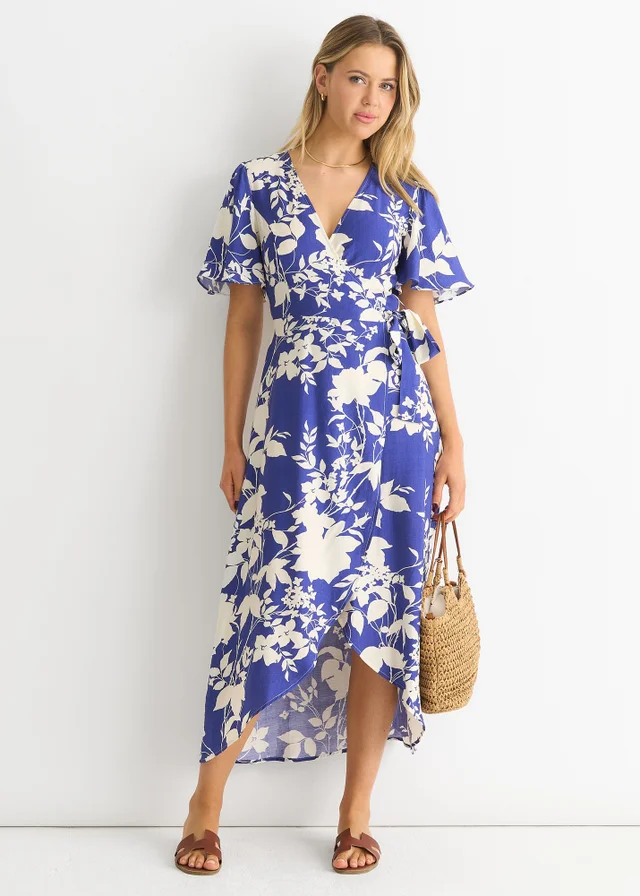 Gini London Blue Viscose Floral Wrap Midi Dress