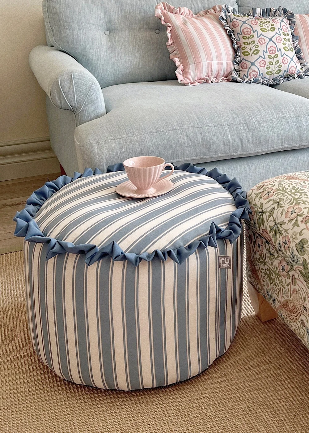 rucomfy Printed Striped Seafoam Blue Frilled Pouffe - One Size Image 1