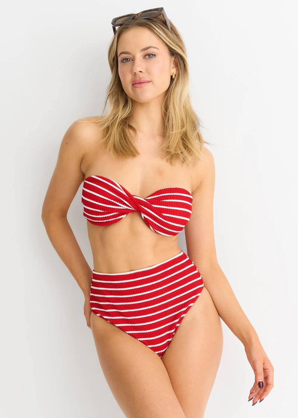 Gini London Red Textured Twist Front Stripe Bikini Top - Size 14 Image 1