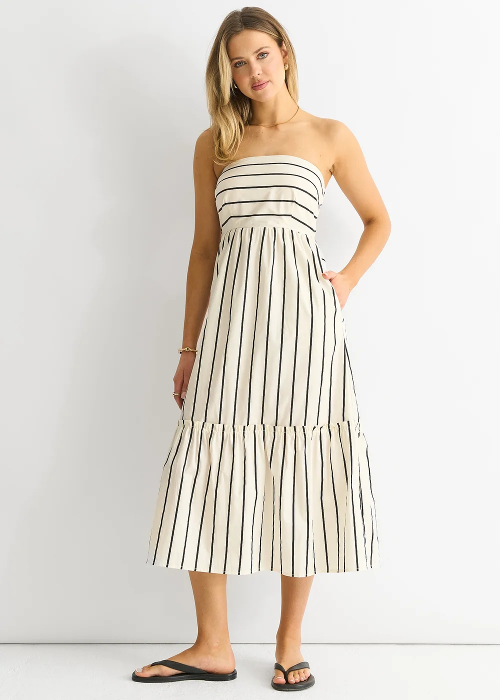 Gini London White Stripe Cotton Bardot Smock Midi Dress - Size 14 Image 1