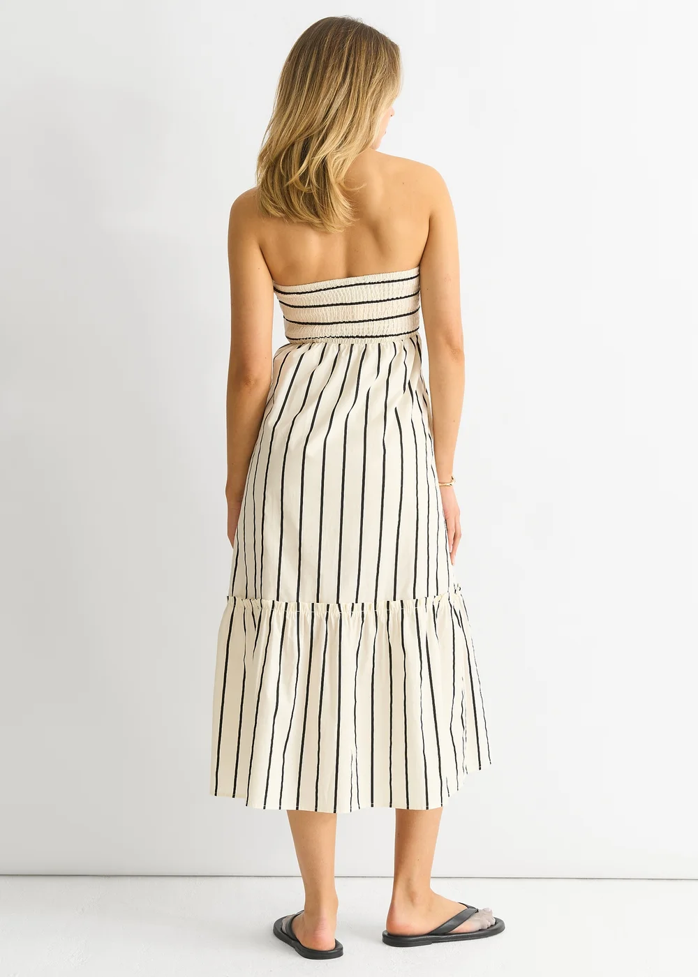 Gini London White Stripe Cotton Bardot Smock Midi Dress - Size 14 Image 2