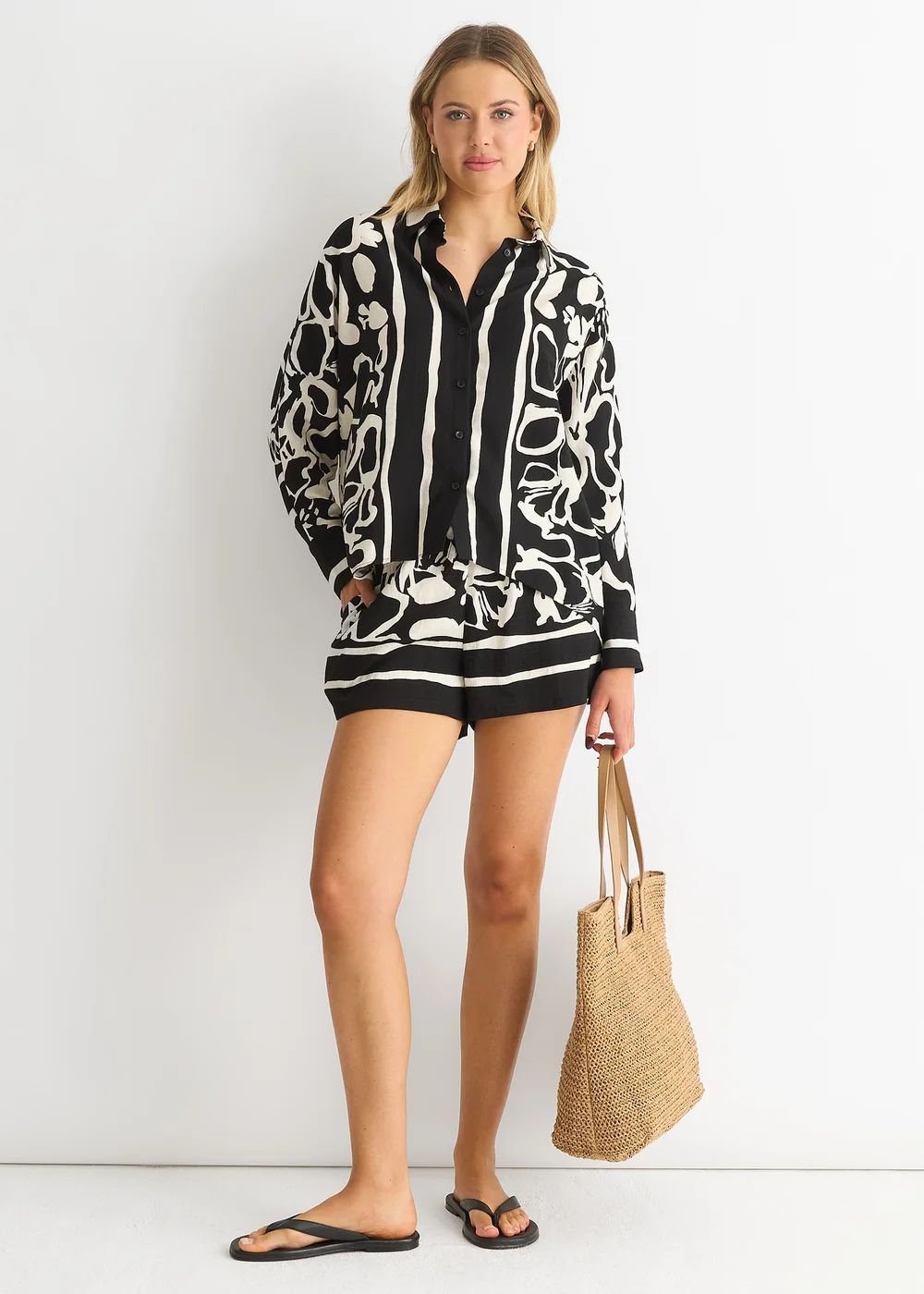 Gini London Mono Border Print Viscose Oversized Shirt - 16 Image 1