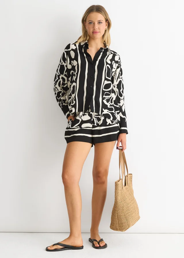 Gini London Mono Border Print Viscose Oversized Shirt