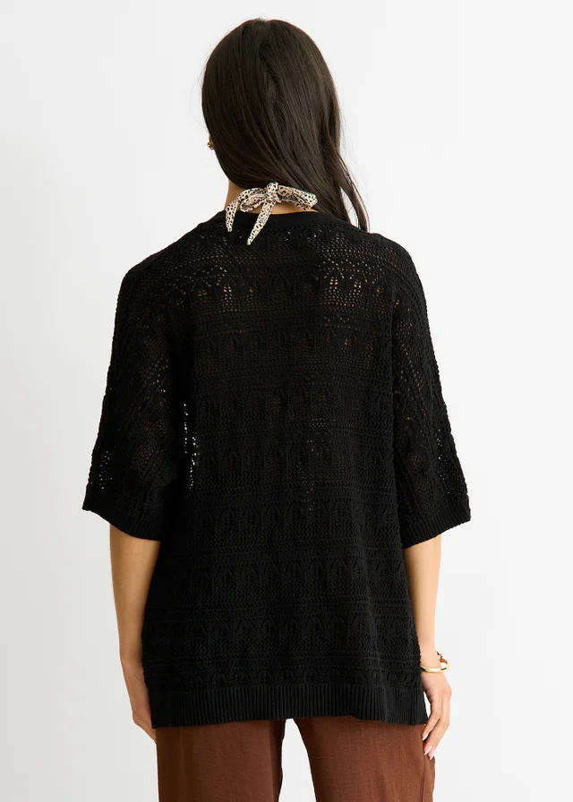 Gini London Black Crochet Knit Edge to Edge Cardigan