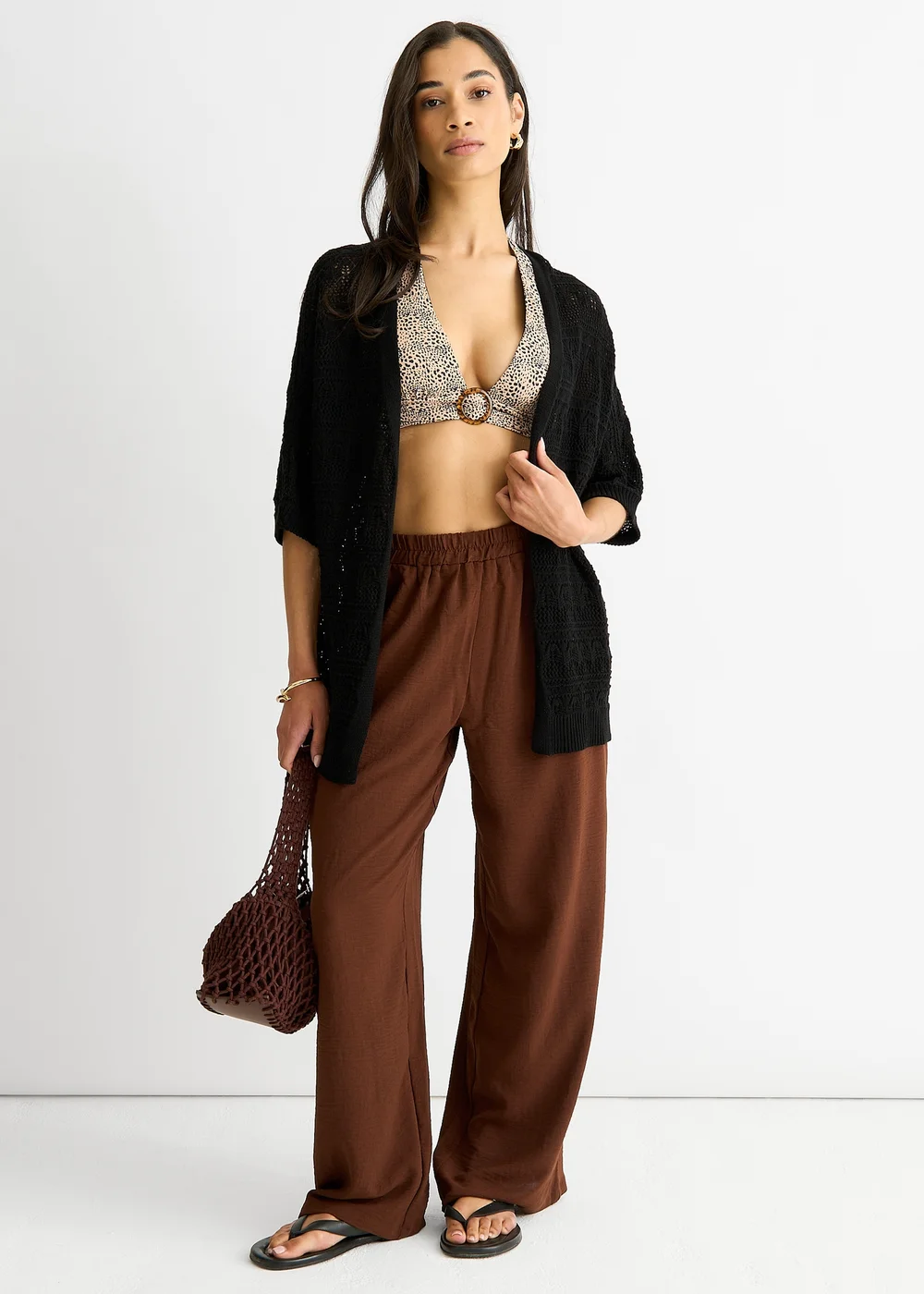 Gini London Black Crochet Knit Edge to Edge Cardigan - Size 8 Image 1