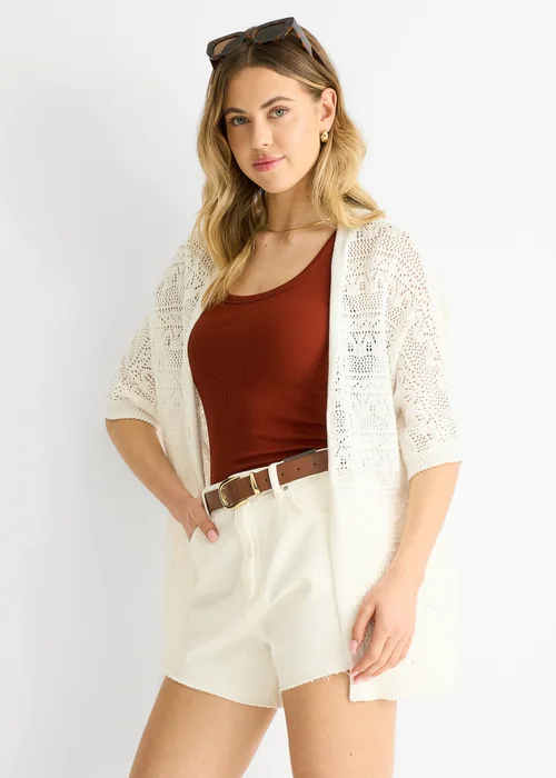 Gini London White Crochet Knit Edge to Edge Cardigan - 10 Image 3