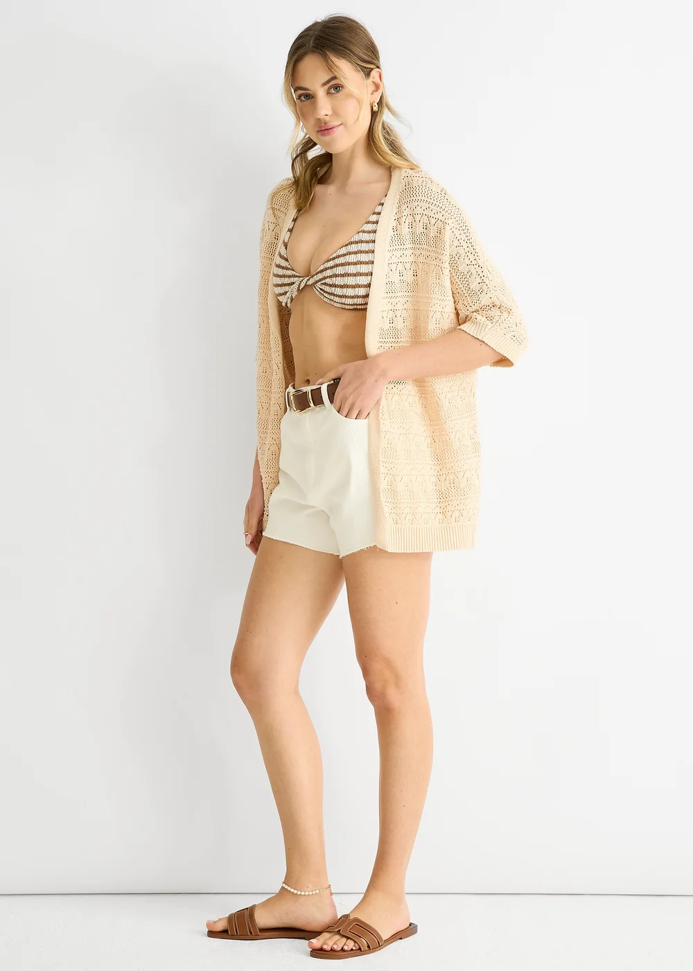 Gini London Beige Crochet Knit Edge to Edge Cardigan - 12 Image 1