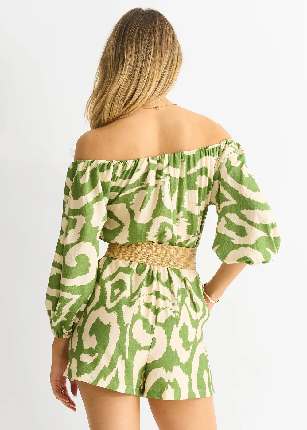 Gini London Green Abstract Belted Bardot Viscose Playsuit - Size 10 Image 2