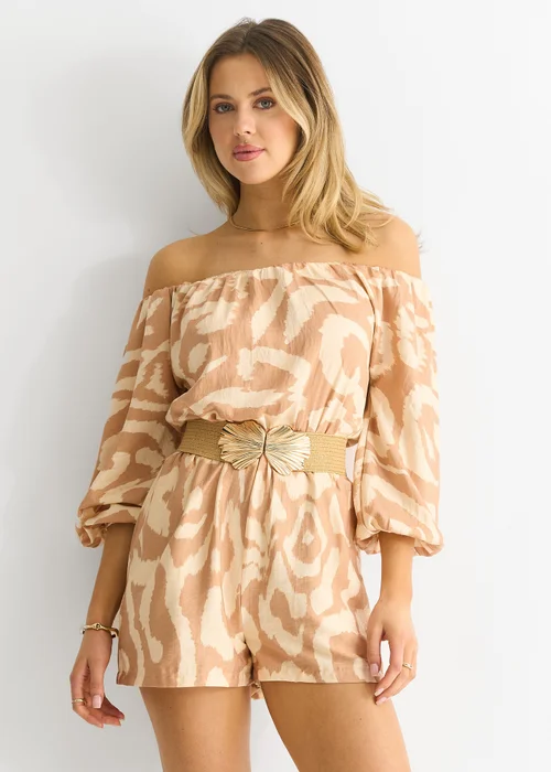 Gini London Beige Abstract Belted Bardot Viscose Playsuit - Size 12 Image 4
