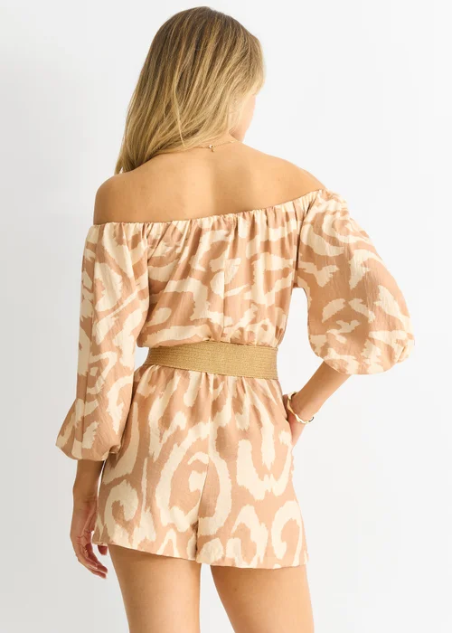 Gini London Beige Abstract Belted Bardot Viscose Playsuit - Size 12 Image 2