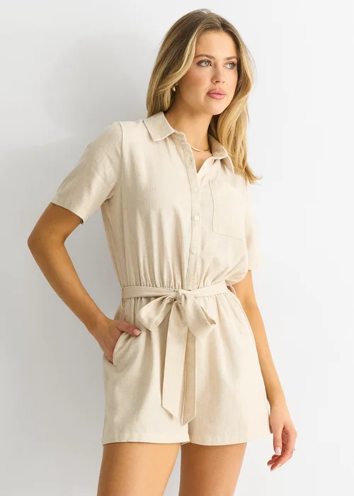 Gini London Beige Utility Elasticated Waist Linen Playsuit - Size 16 Image 3