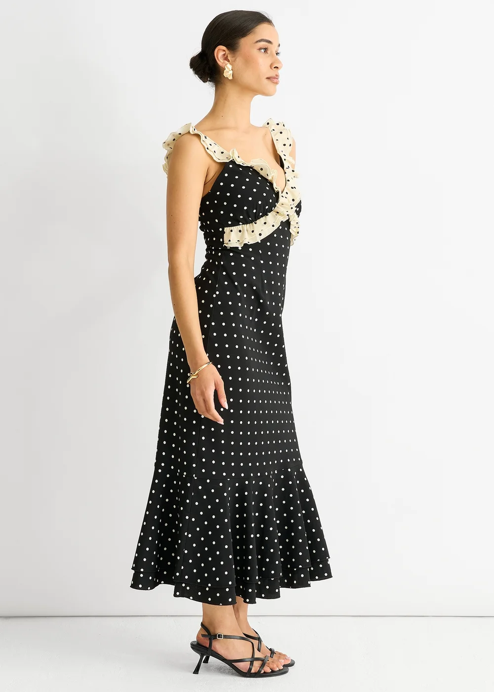 Gini London Black Spot Ruffle Bias Midi dress - 10 Image 4