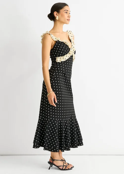 Gini London Black Spot Ruffle Bias Midi dress - 8 Image 4