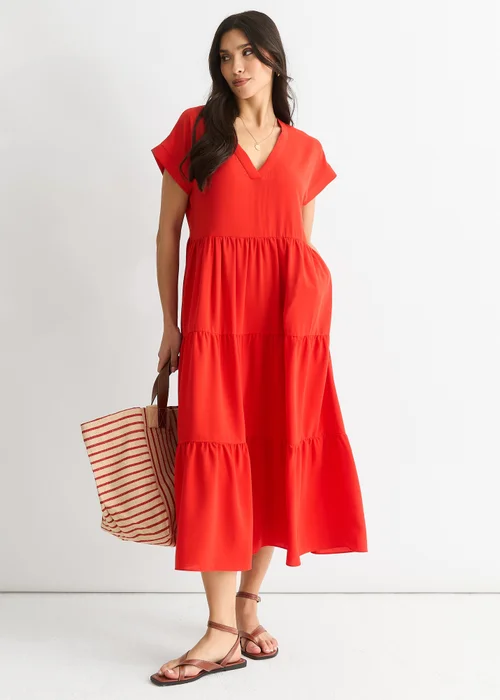 Gini London Red V Neck Pocket Smock Midi Dress - S/M Image 4