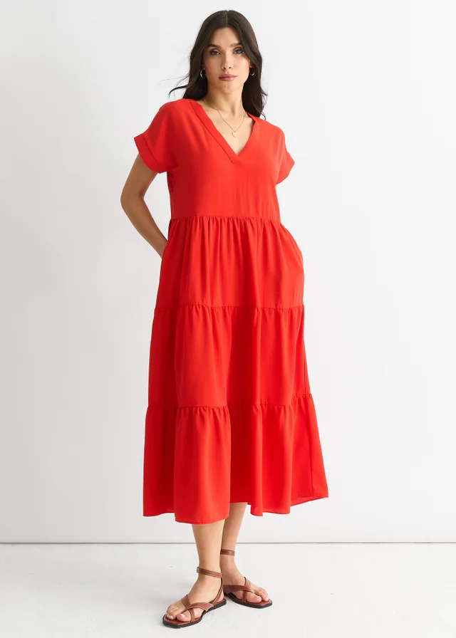 Gini London Red V Neck Pocket Smock Midi Dress
