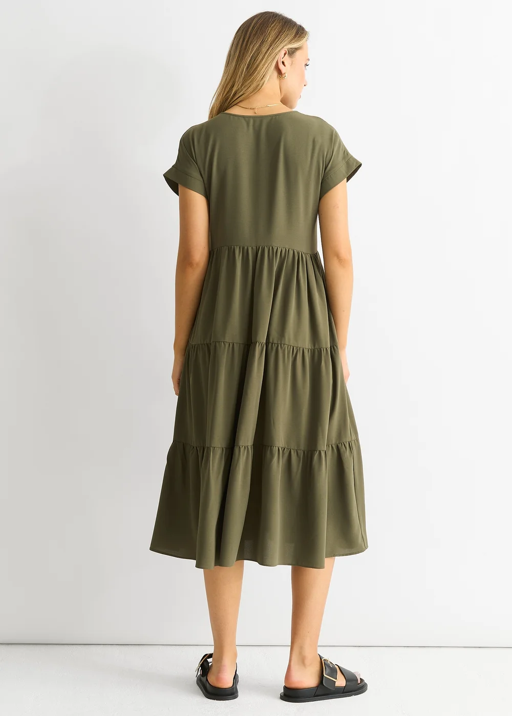 Gini London Khaki V Neck Pocket Smock Midi Dress - Medium/Large Image 2