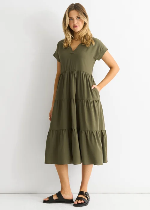 Gini London Khaki V Neck Pocket Smock Midi Dress - Medium/Large Image 1
