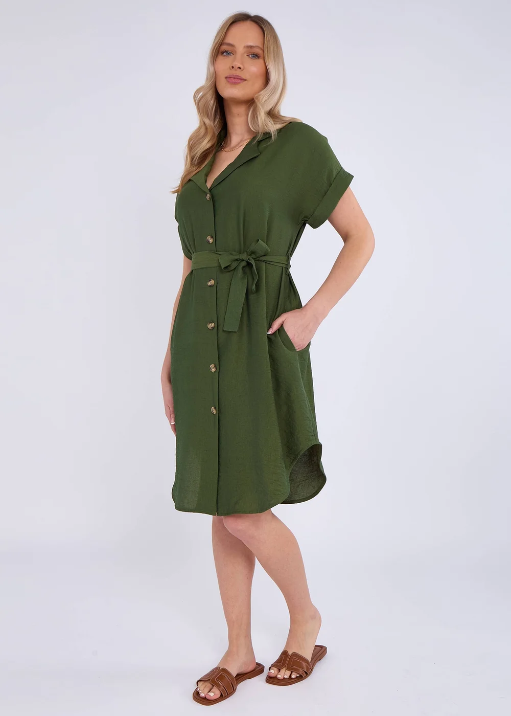 Gini London Khaki Utility Belted Oversized Viscose Shirt Dress - M/L Image 1