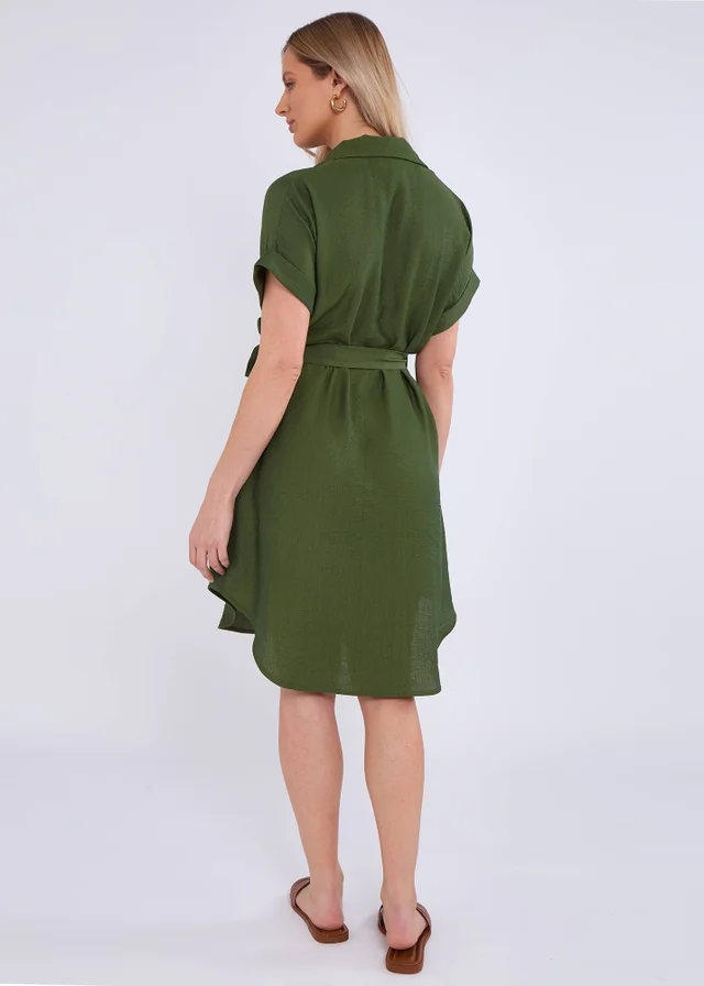 Gini London Khaki Utility Belted Oversized Viscose Shirt Dress