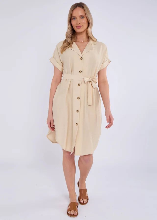 Gini London Beige Utility Belted Oversized Viscose Shirt Dress