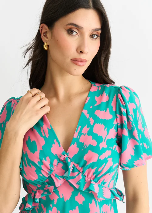 Gini London Green Animal Print V Neck Ruffle Midi Dress - 16 Image 3