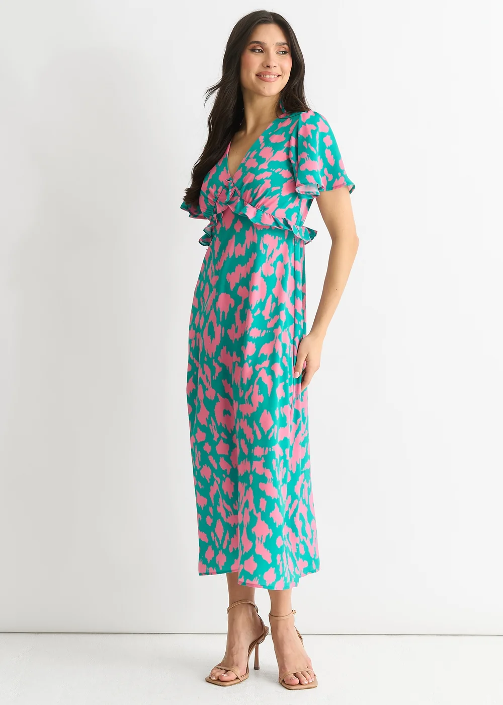 Gini London Green Animal Print V Neck Ruffle Midi Dress - 8 Image 4