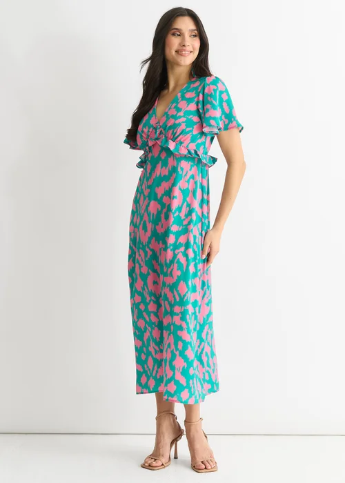 Gini London Green Animal Print V Neck Ruffle Midi Dress - 16 Image 4