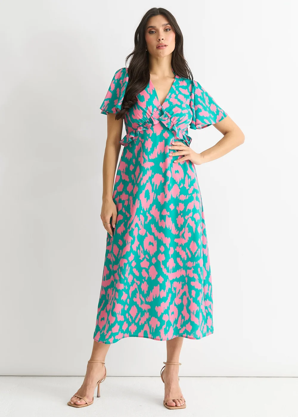 Gini London Green Animal Print V Neck Ruffle Midi Dress - 16 Image 1