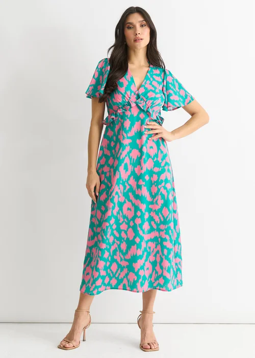 Gini London Green Animal Print V Neck Ruffle Midi Dress - 16 Image 1