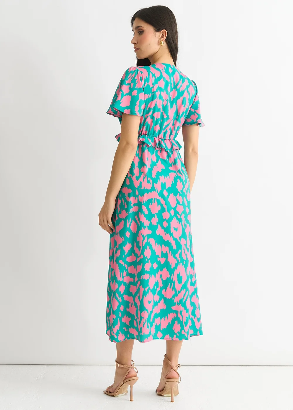 Gini London Green Animal Print V Neck Ruffle Midi Dress - 16 Image 2