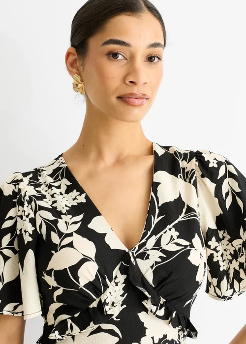 Gini London Black Mono Ruffle V Neck Viscose Midi Dress - 14 Image 3