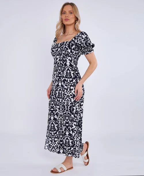 Gini London Navy Puff Sleeves Split Viscose Midi Dress - 10 Image 4