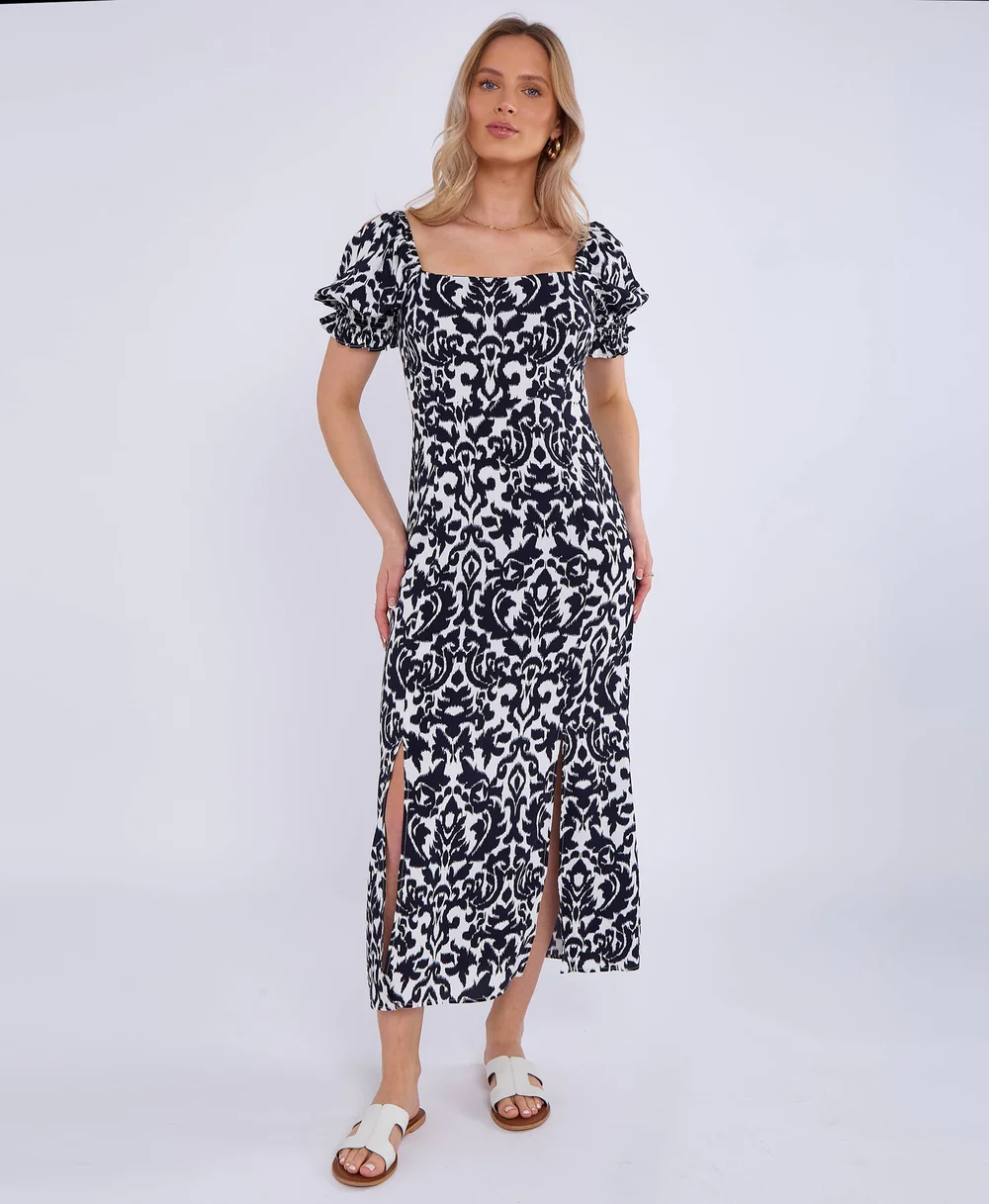 Gini London Navy Puff Sleeves Split Viscose Midi Dress - 10 Image 1