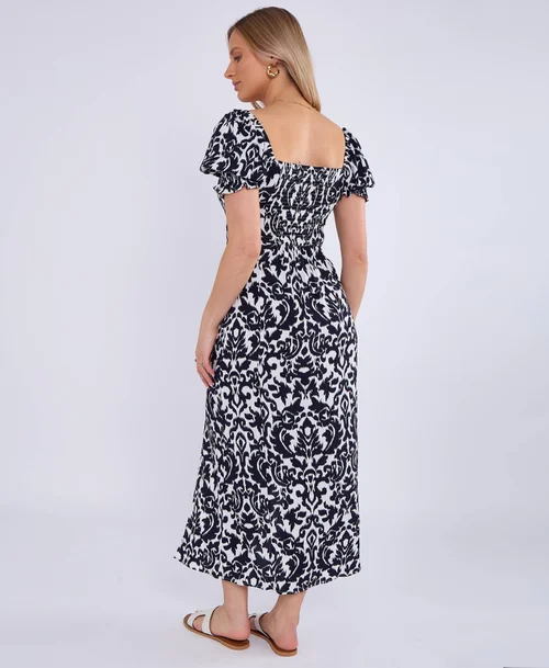 Gini London Navy Puff Sleeves Split Viscose Midi Dress - 10 Image 2