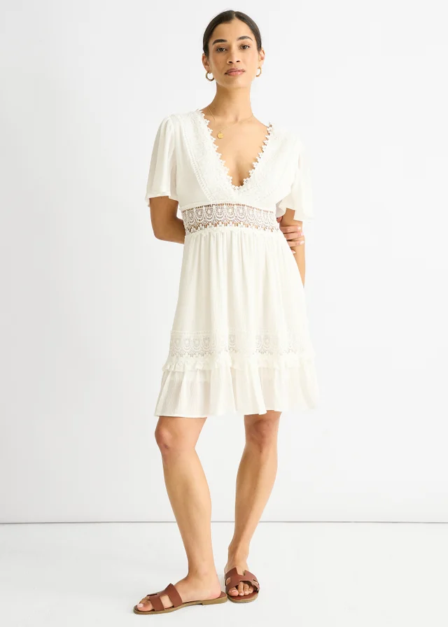 Gini London White Lace Trim Viscose Mini Skater Dress