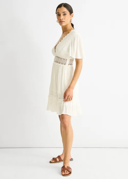 Gini London White Lace Trim Viscose Mini Skater Dress - Size 14 Image 4