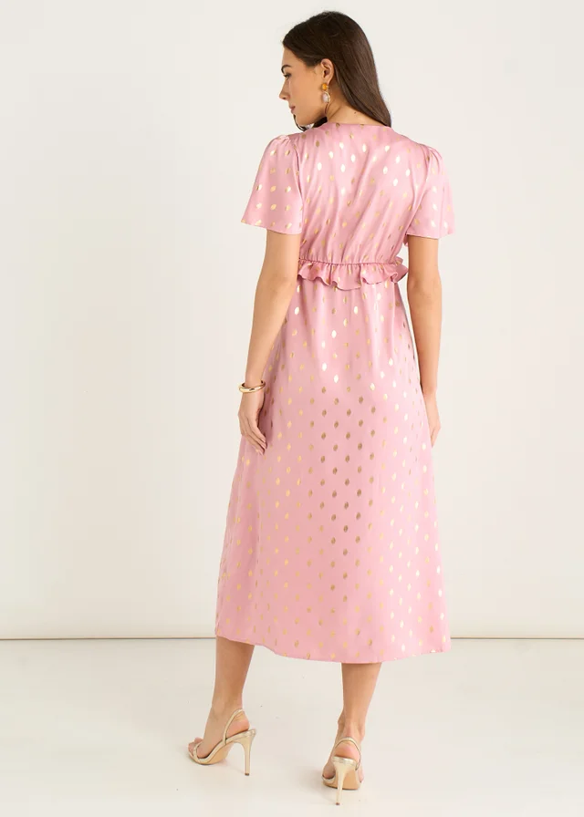 Gini London Blush Metallic Foil V Neck Midi Dress
