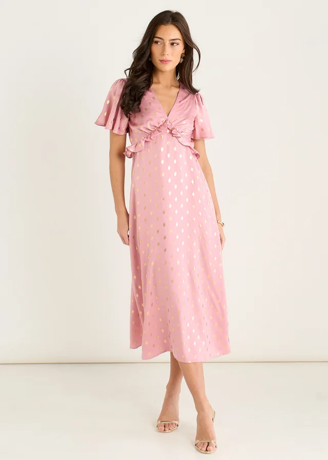 Gini London Blush Metallic Foil V Neck Midi Dress
