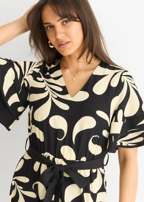 Gini London Black Floral V Neck Elasticated Waist Midi Dress - 14 Image 3