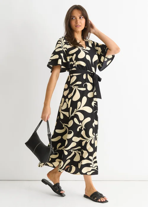 Gini London Black Floral V Neck Elasticated Waist Midi Dress - 14 Image 4