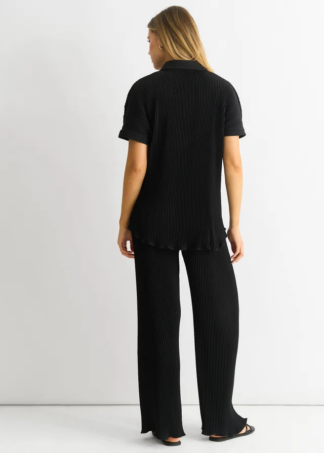 Gini London Black Plisse Short Sleeve Oversized Shirt