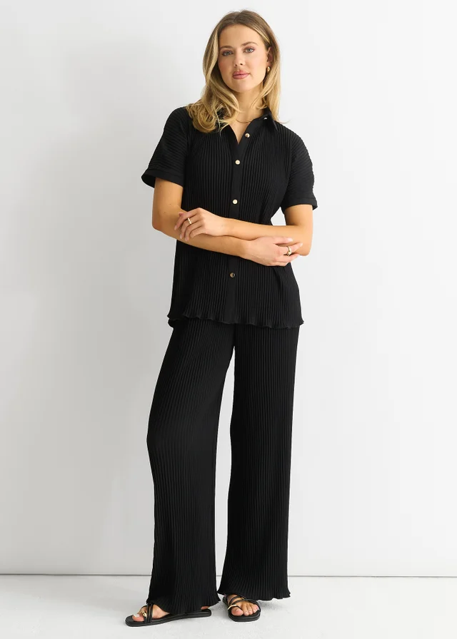 Gini London Black Plisse Short Sleeve Oversized Shirt